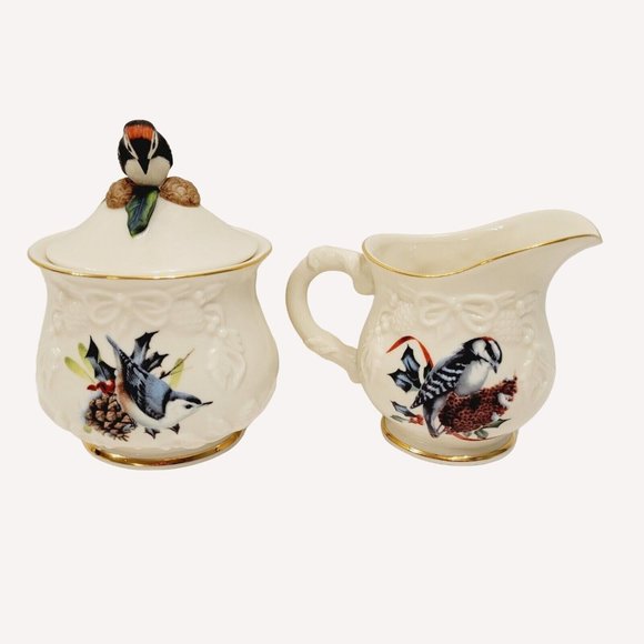 LENOX WINTER GREETINGS CREAMER & SUGAR BOWL BIRD LID CATHERINE McCLUNG GOLD TRIM - Picture 1 of 14